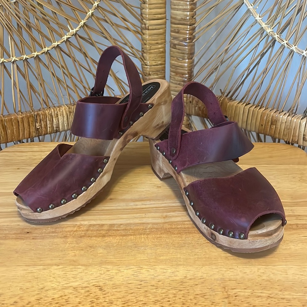 Moheda x Toast Burgandy Leather and Wood Clog Sandals  - Size Euro 37/ 6.5 US